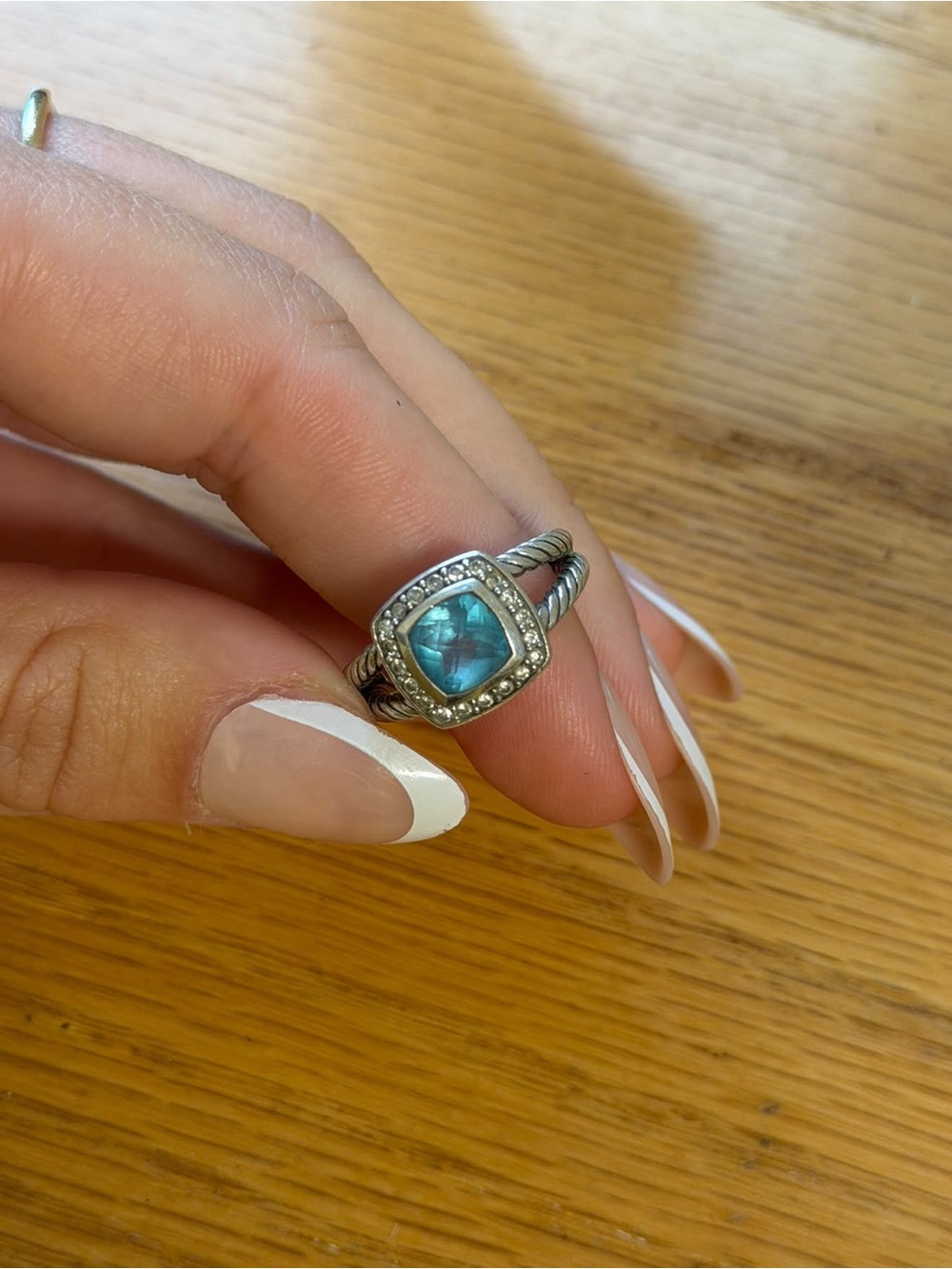 Blue Topaz Cushion-Cut Stone Cable Band Ring size 6 with diamonds